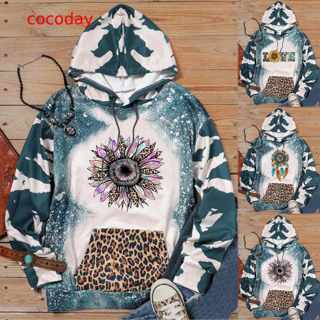 cocoday  Women Tie Dye Casual Patchwork Sunflower Print Hooded Sweatshirt With Pockets Leopard Hoodie