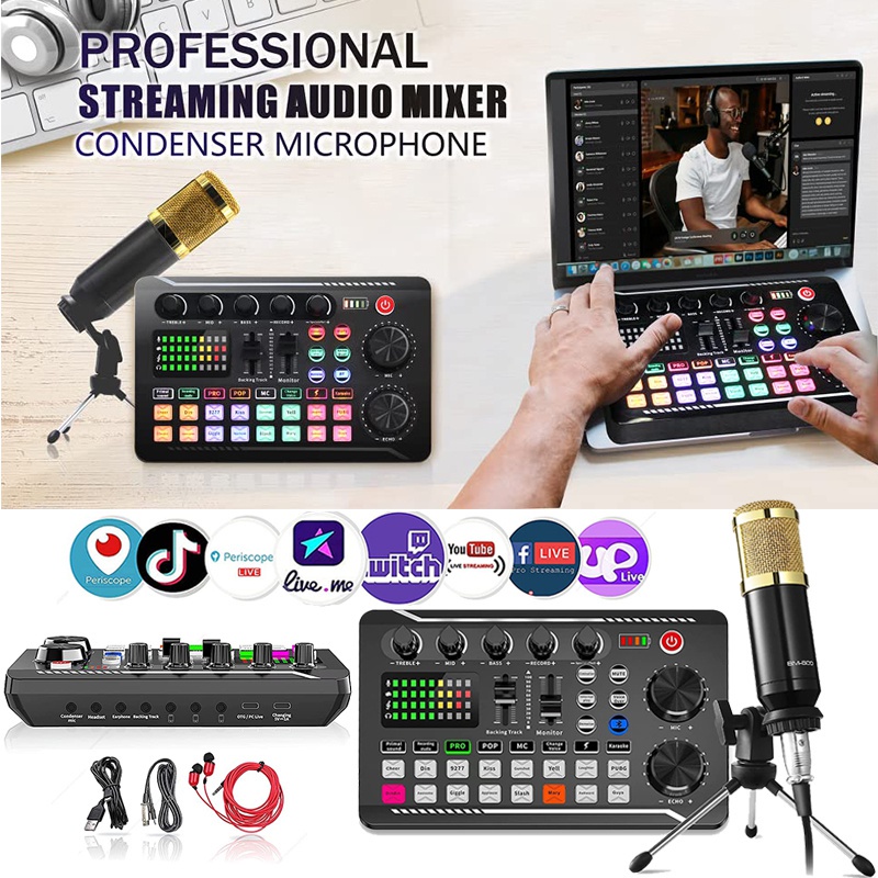 Professional DJ Audio Interface Mixer, Portable ALL-IN-ONE Podcast Production Studio with XLR Microphone for Live Stream