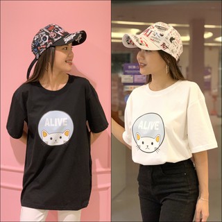 🐱POOHPAND🐱 เสื้อยืดคอกลม แฟชั่น Oversize สไตล์เกาหลี เสื้อผู้หญิง พิมพ์ลายน่ารักๆ Alive #5012