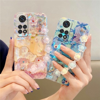 New เคสโทรศัพท์ Xiaomi Redmi Note 11 4G 11s Note 11 Pro 4G 5G Thai Version Redmi 10C Mi12 Mi 12Pro 2022 Fashion Soft Case Painting Flowers with Crystal Bracelet Camera Lens Protection Cover เคส Redmi Note11Pro