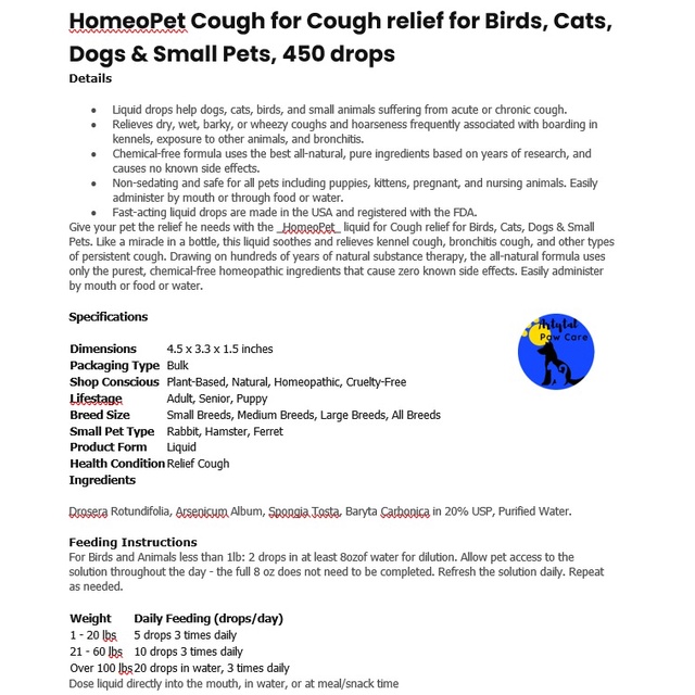 HomeoPet Cough Homeopathic Medicine for Cough Suppressant for Birds