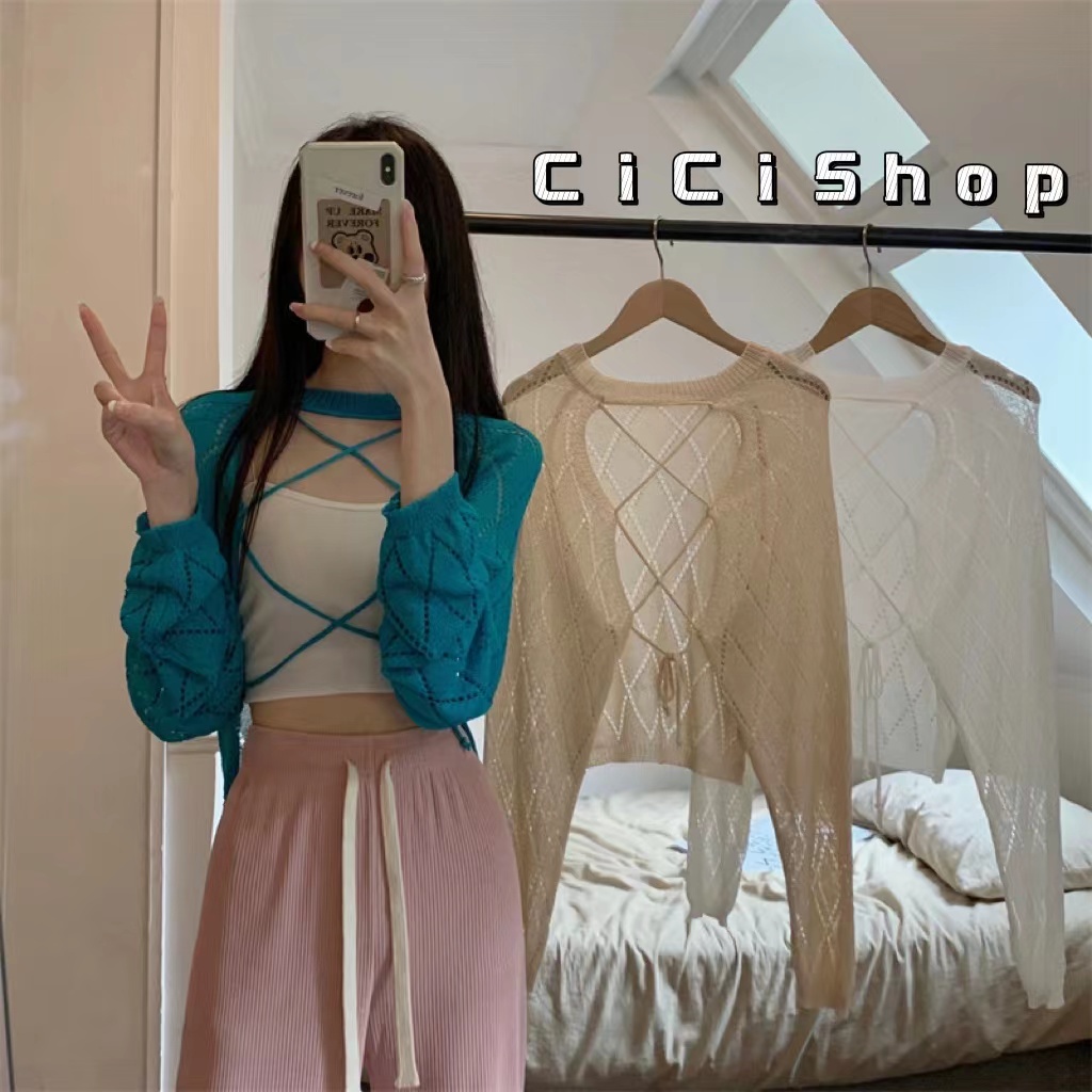 Cicishop(2366)เสื้อคลุมแขนยาว คอกลมไหมพรม เว้าหน้าแต่งสายผูกโบว์แบบแซ่บๆซีทรูเบาๆ เซ็กไม่ไหว