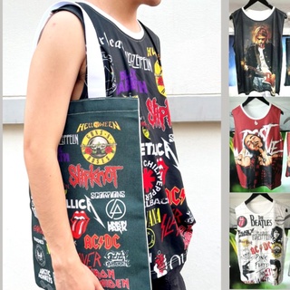 เสื้อแขนกุดวินเทจ ลายวง ลายน่ารัก ทรงOversize OVP พิมพ์ลายด้านหน้า และกระเป๋าผ้าแคนวาส เสื้อแขนกุดแฟชั่นผู้ชายและผู้หญิง