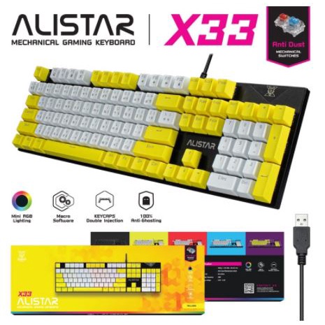 คีย์บอร์ดเกมมิ่ง NUBWO Alistar X33 ขนาดเต็ม รองรับภาษาไทย/อังกฤษ สี Lavender, Red Wine, Yellow, Gray, Black + สวิตช์ Blue, Red