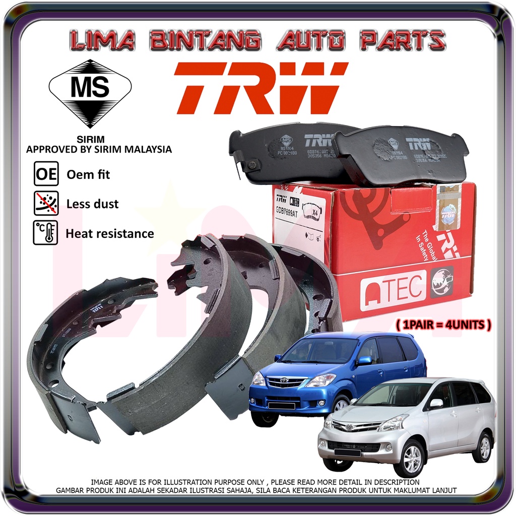 Toyota Avanza F601 , F602 , F651 , F652 1.3 1.5 ผ้าเบรคหน้าแผ่นดิสก์เบรค, ด้านหลังเบรคซับรองเท้า TRW