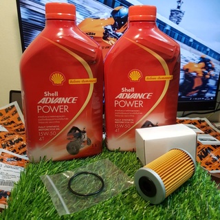 สูตรไหม่!! ชุดน้ำมันเครื่อง Shell advnace power 15W50 สำหรับ KTM DUKE RC 20/250/390  แถมฟรี Oring กันซึ่มฝากรอง