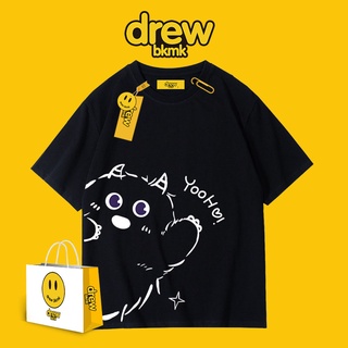 เสื้อยืดแขนสั้นผ้าฝ้ายพิมพ์ลาย Drew Smiley Face Little Monster สไตล์ฮิปฮอปสําหรับผู้ชายสีดํา