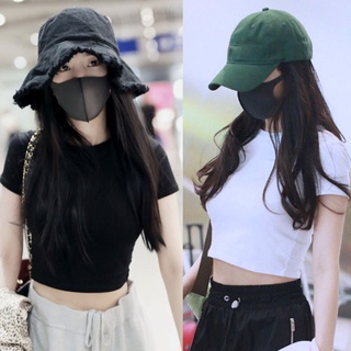 เสื้อครอปแขนสั้นคอกลมแฟชั่นสีพื้น