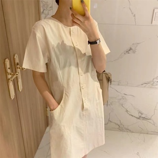 พร้อมส่ง 🥨🍓🍌 minimal shirt dress C3061 เดรสเชิ้ต เดรสเชิ้ตแขนสั้น มี 2 สี น้ำตาล ครีม