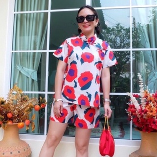 Madame Mandarin 🧧🎀ชุดเซ็ต2ชิ้น เสื้อคอจีนแต่งโบว์+ขาสั้น มีกระเป๋าใส่ได้จริง