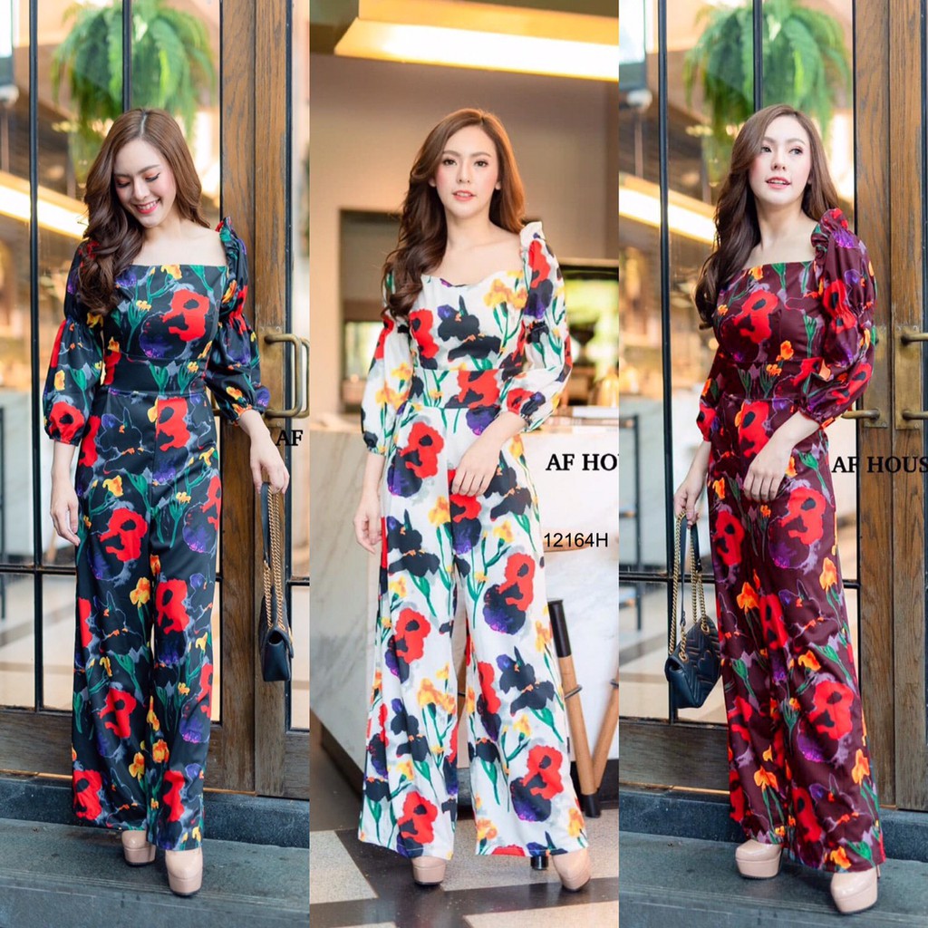 TwinsShopVip พร้อมส่ง TW12164 จั้มสูทคอกว้างขายาว พิมพ์ลายดอกไม้