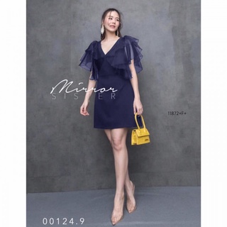 ME11872 Dress เดรสสีพื้นผ้าซาร่า แขนผาแก้วระบาย 2 ชั้น มีซิหลัง ดีเทลสวย ใส่ได้หลายโอกาส พร้อมส่ง