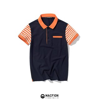 Macfion เสื้อแฟชั่นผู้ชาย เสื้อปกเชิ๊ต แขนสั้นลายขวางส้ม ผ้าฝ้าย สีกรมท่า