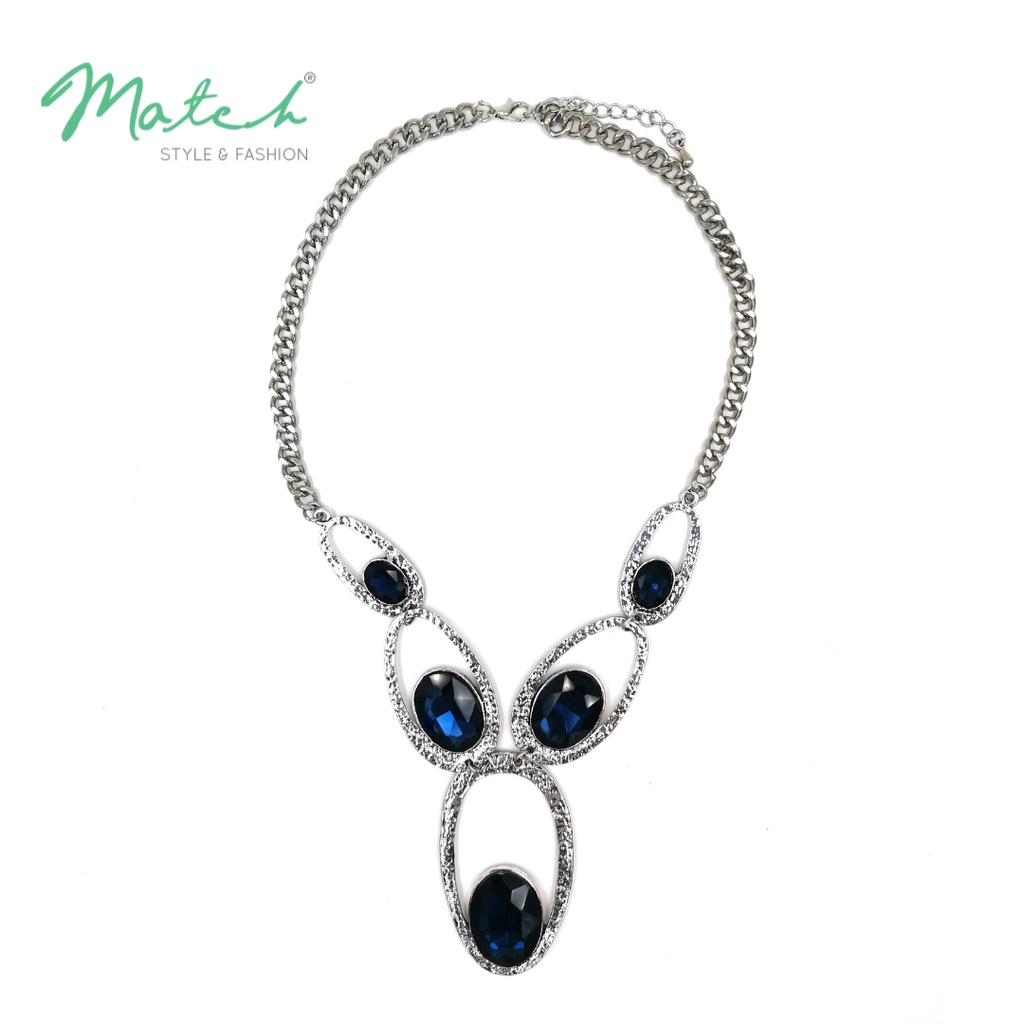 สร้อยคอโบฮีเมียนวินเทจโซ่สั้นเงินชุบหินสีฟ้าแฟชั่นผู้หญิง Jewellery Muslimah Rantai Wanita (VNS-3)