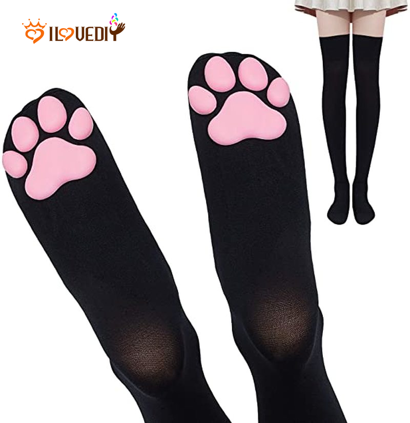 ( Women 3 D ถุงน่องขายาวแฟชั่นสําหรับสตรีผ้ากํามะหยี่ลายรอยเท้าแมว ( สีดํา )
