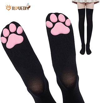 ( Women 3 D ถุงน่องขายาวแฟชั่นสําหรับสตรีผ้ากํามะหยี่ลายรอยเท้าแมว ( สีดํา )
