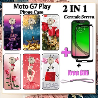 2 IN 1 เคสโทรศัพท์ Motorola Moto G7 Play พร้อมกระจกนิรภัยกันรอยหน้าจอเซรามิค ฟิล์มโค้ง โรแมนติก