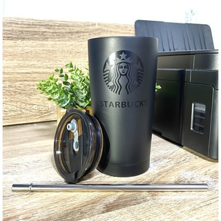 BEAR TUMBLER แก้วเก็บอุณหภูมิ ร้อน-เย็น ขนาด 20 ออนซ์ ลายสตาร์บัคส์(สกรีนโลโก้ดำ) สีดำด้านและหลอดสแตนเลส