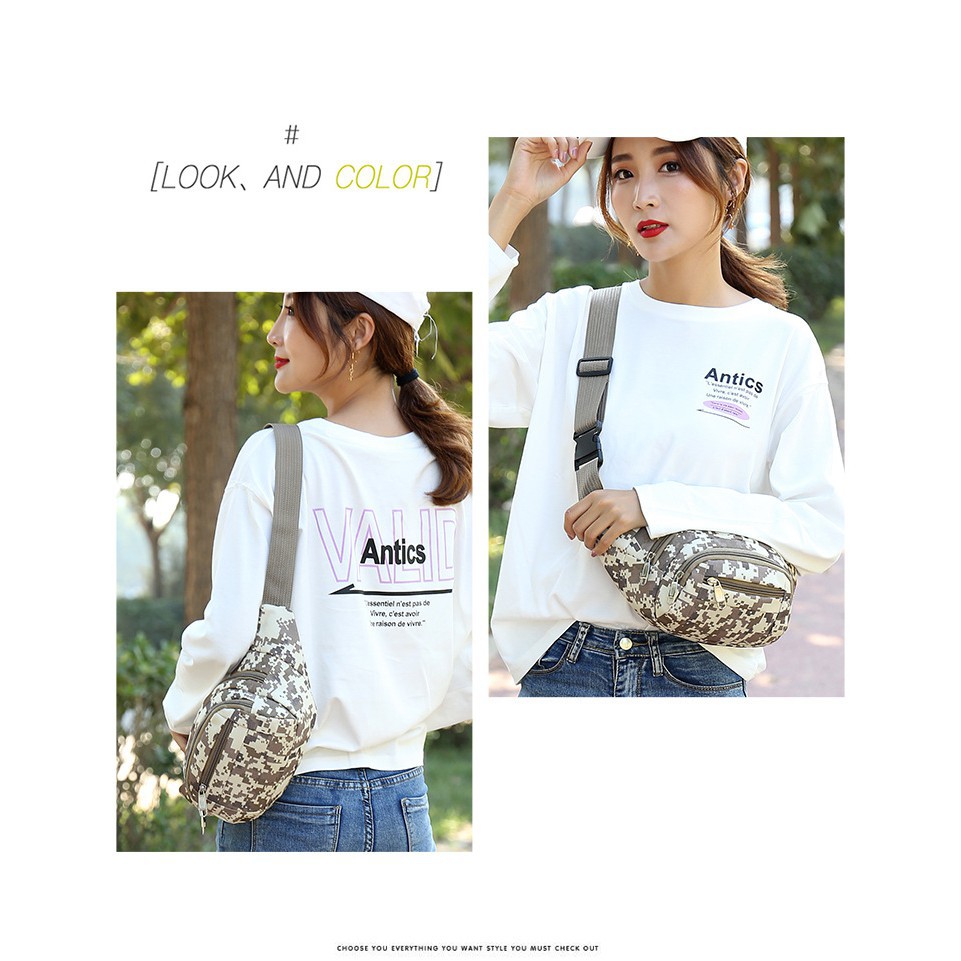 (w36)กระเป๋าคาดอกคาดเอว 4ซิป ลายพลางดิจิตอล bagdance