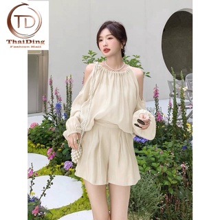 🌷New Set 🌷เซ็ตกางเกงขาสั้น เสื้อแขนยาวเว้าไหล่ TD486
