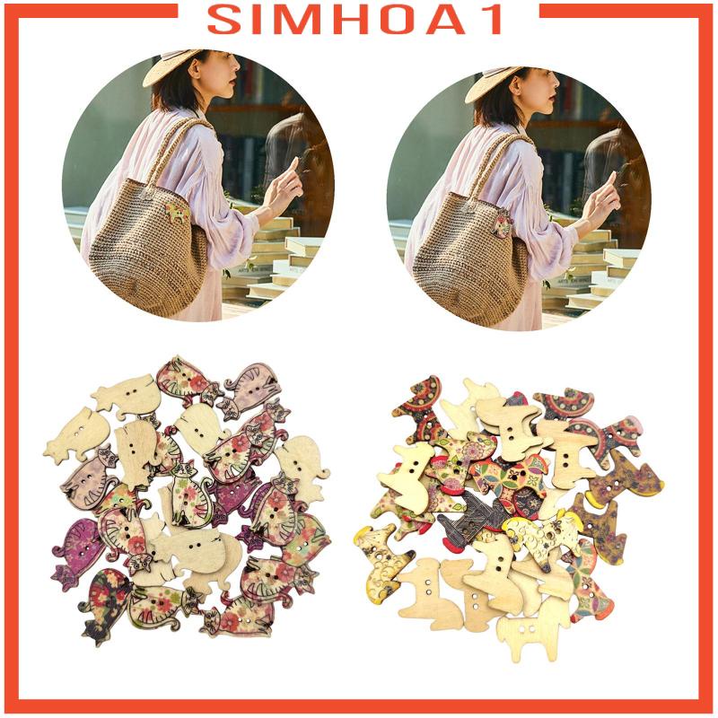 [SIMHOA1] 50Pcs Retro Animal Painting Wooden Buttons 2 Holes for Cloth Crafts Cat