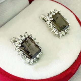 Q6425 ต่างหูพลอยสโมกกี้ควอตซ์แท้ ( Smoky Quartz ) ตัวเรือนเงินแท้ 925 ชุบทองคำขาว