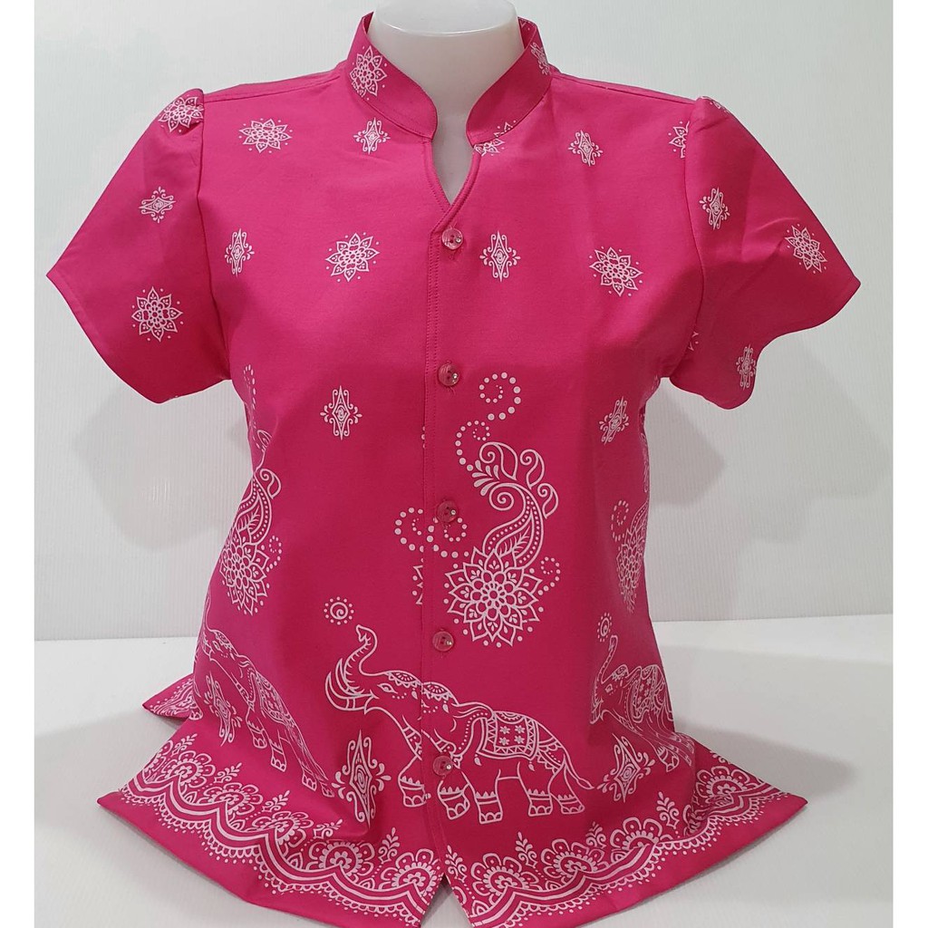 เสื้อลายไทยคอจีน - สีชมพูลายช้างไทย ผู้หญิง