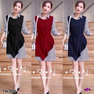 Set เดรสเชิ้ตลายริ้ว+เสื้อกั๊กตัวนอก+เข็มขัด (3820)