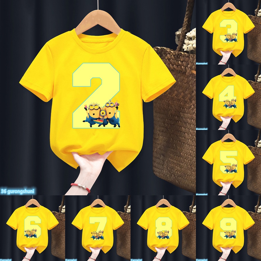 2023 การ์ตูนตลก Minions T เสื้อ Dave Stuart Tim Jerry Mel Happy Birthday หมายเลข 2-9 เสื้อยืดเด็กเสื้อผ้าเด็กชายหญิงแขนสั้นสีเหลือง Tops