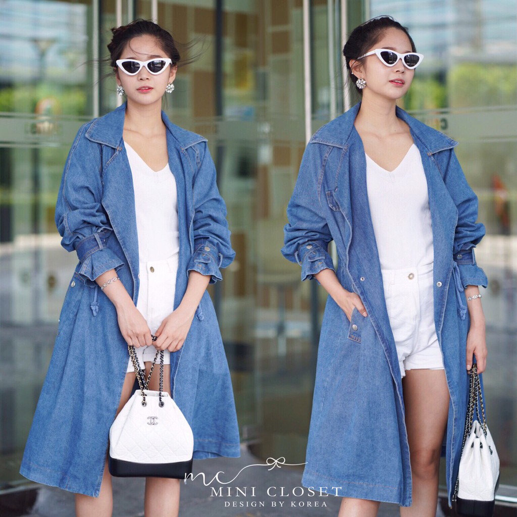 เสื้อคลุมยีนส์ตัวยาวใส่กันหนาว ทรงเสื้อโอเวอร์ไซส์ ช่วงเอวรูดได้แมตช์ง่าย ปลายแขนผูกกันลมได้