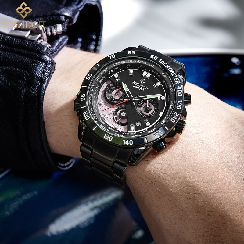 WISHDOIT Jam Tangan lelaki ผู้ชายหรูหราแท้นาฬิกากันน้ําสแตนเลสสีดํามัลติฟังก์ชั่ Chronograph กีฬา Luminous Analog นาฬิกาควอตซ์