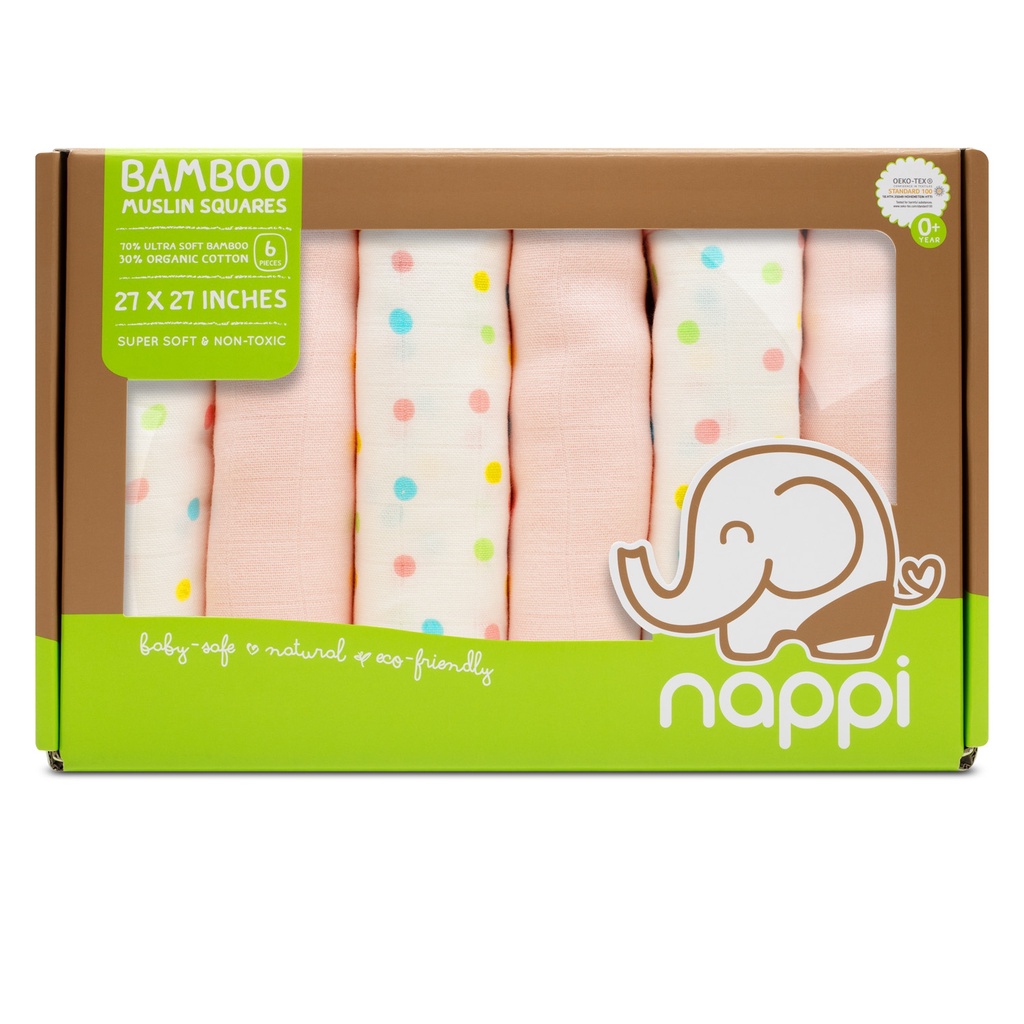 NAPPI BABY ผ้าอ้อมเด็กสาลูใยไผ่ 27 นิ้ว 6 ผืน – คละสีชมพู