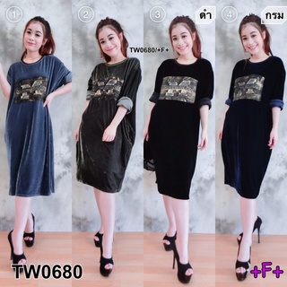 TwinsShopVip💗พร้อมส่ง TW0680 เดรสยาวกำมะหยี่ สกรีนลายนูน Long velvet dress with embossed screen print