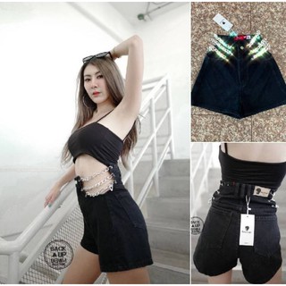 Back UP Jeans  รหัสสินค้า BU-6308 กางเกงยีนส์ขาสั้นเอวสูงสีดำเว้าเอวติดโซ่