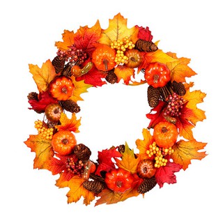 ดอกไม้ปลอม พวงหรีด แขวนประตู Retro Halloween Thanksgiving Autumn Harvest Artificial Front Door Wreath Rattan Home Decor