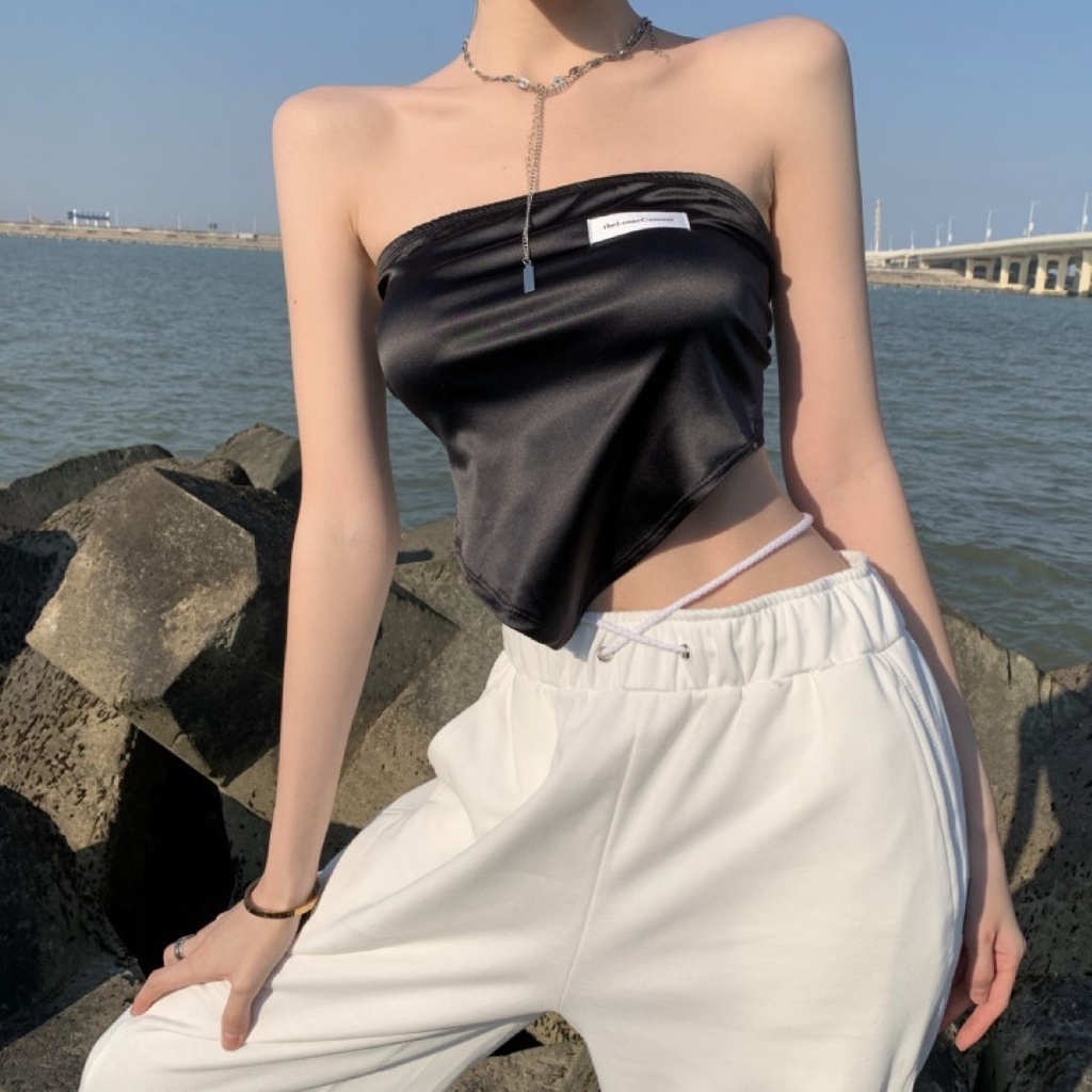 ✅ส่งไว✅สต็อกไทย เสื้อเกาะอก ผูกหลังอกแต่งเย็บป้าย 2 สี - รูปที่ 5