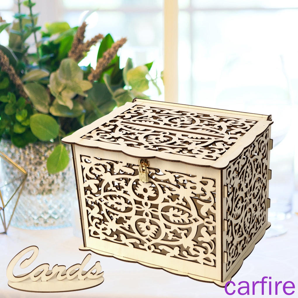 [CARFIRE]DIY Wedding Gift Card Box Wooden Money Box with Lock Beautiful Wedding Decoration