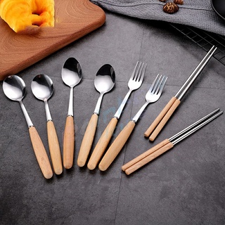 Rainbow ชุด มีด ช้อน ส้อม ตะเกียบ วัสดุสแตนเลสและไม้ ช้อนส้อมด้ามไม้ Stainless steel cutlery