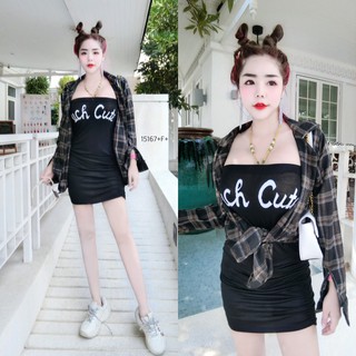 J15167 set 2 ชิ้น เสื้อลายสก็อตแขนยาว + เดรสเกาะอกสกรีนตัวหนังสือ