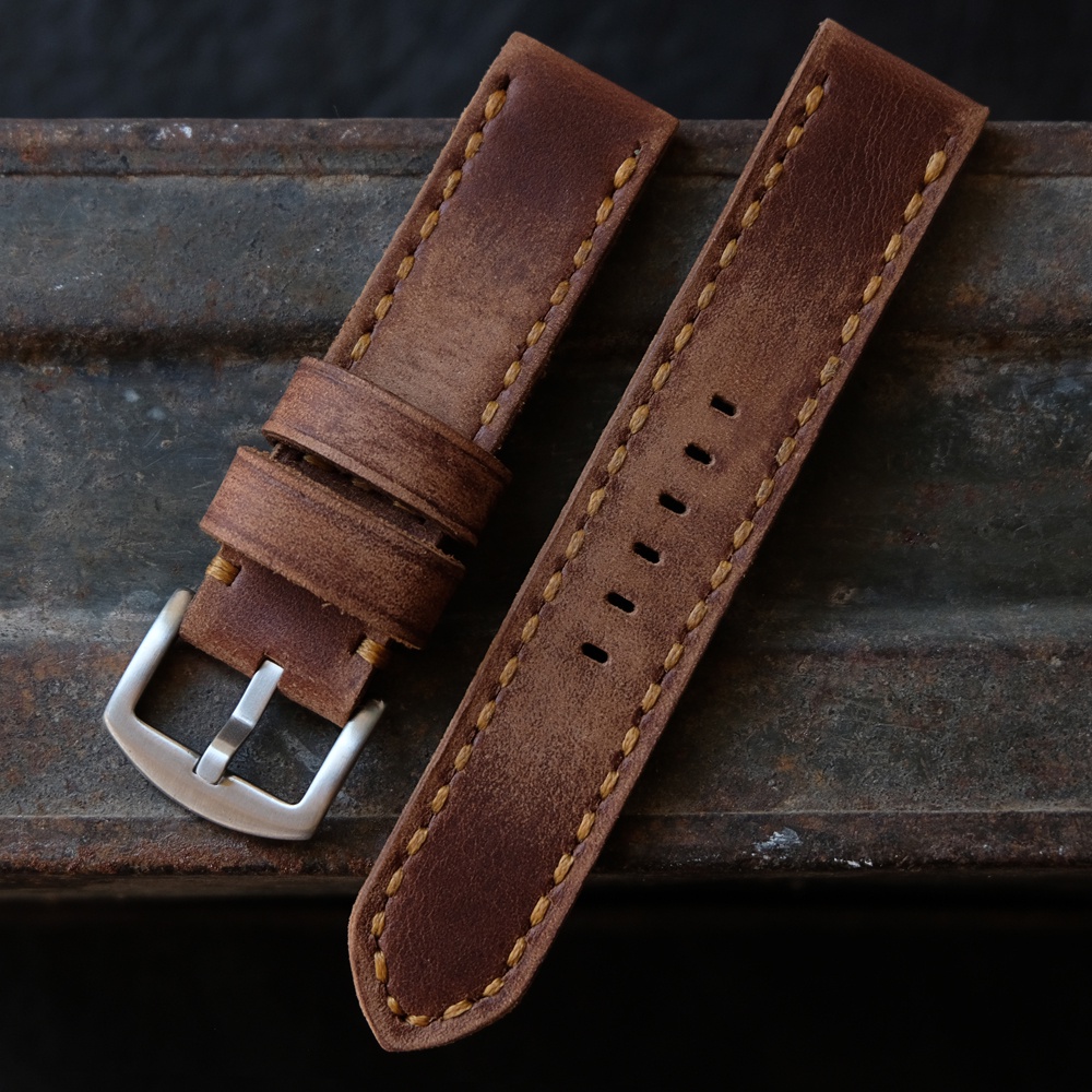 สายนาฬิกาหนังวัวญี่ปุ่น Handmade รุ่น T-160 สายนาฬิกาแนววินเทจ สีน้ำตาล vintage มีเฟดมาในตัว ขนาด 20mm 22mm 24mm