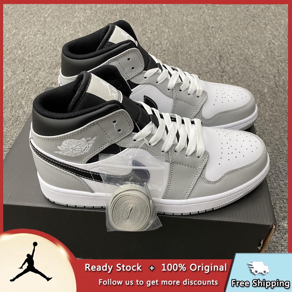 ของแท้ Nike Air Jordan 1 Mid SE Light Smoke Grey AJ1 รองเท้าผ้าใบระบายอากาศแฟชั่นที่สะดวกสบาย  รองเท้าลำลองผู้ชาย