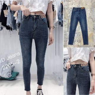 G.D.Jeans รุ่น 2265-2#กางเกงยีนส์ขายาวผ้ายืดฮ่องกงสีเข้มทรงเดฟแต่งป้ายหนังข้างขอบเอวตามเทรน