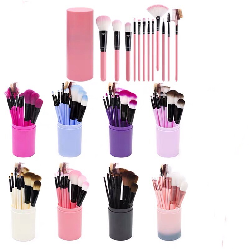 พร้อมส่ง ชุดแปรงแต่งหน้า 12 ชิ้น ขนนุ่ม มาพร้อมกระบอกเก็บสีชมพูพาสเทล น่ารักสดใส สไตล์เกาหลี (A22)
