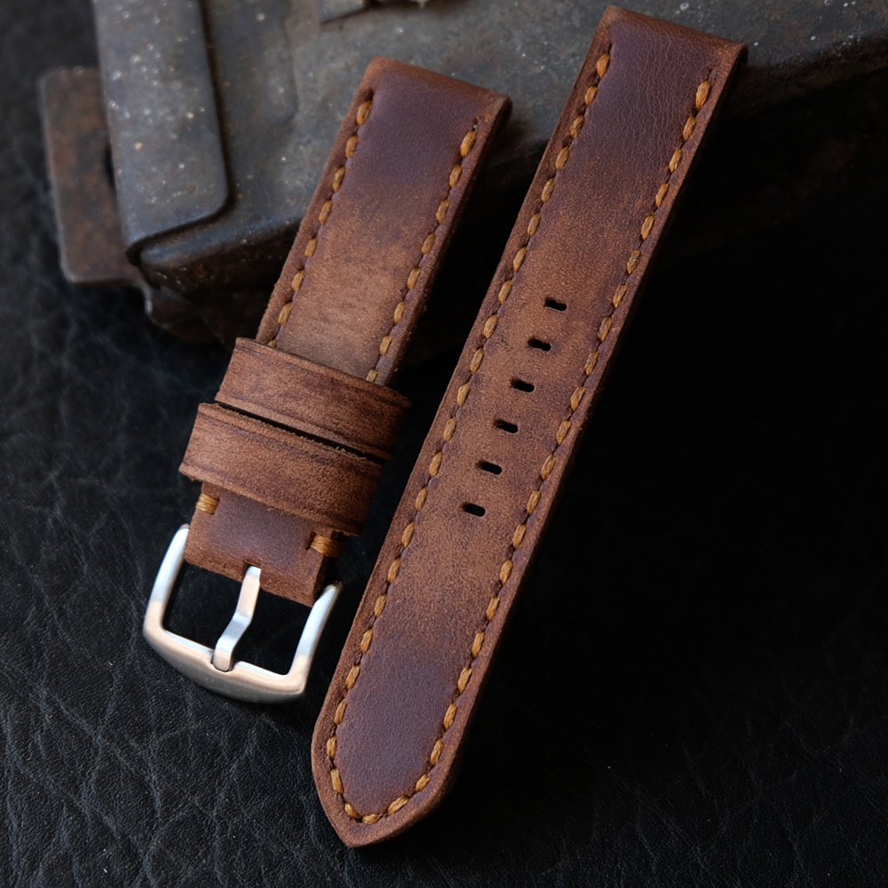 สายนาฬิกาหนังวัวญี่ปุ่น Handmade รุ่น T-160 สายนาฬิกาแนววินเทจ สีน้ำตาล vintage มีเฟดมาในตัว ขนาด 20mm 22mm 24mm