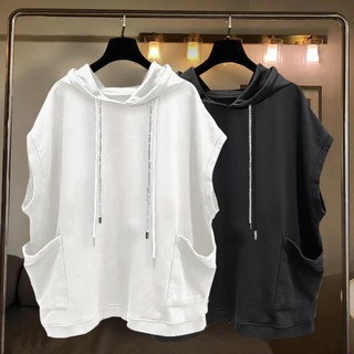 เสื้อยืดแขนกุด มีฮู้ด ทรงหลวม มีหลายกระเป๋า สีพื้น สําหรับผู้ชาย