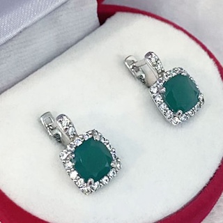 P6415 ต่างหูพลอยโมราแท้ ( Chrysoprase ) แบบเจียระไนเหลี่ยม ตัวเรือนเงินแท้ 925 ชุบทองคำขาว