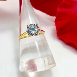 💎สินค้ามือหนึ่งใหม่💎 แหวนทองคำแท้ 9k (375) ฝั่งเพชร CZ คัดเกรด AAA 2 ct. 1 เม็ด สวยใสเหมือนแท้ น้ำหนัก 1.96 g.