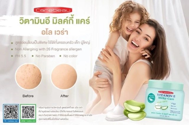 Carebeau แคร์บิว โลชั่น วิตามินอี มิลค์กี้แคร์ สำหรับผิวบอบบางแพ้ง่าย สูตรว่านหางจระเข้ 500มล thumbnail 4