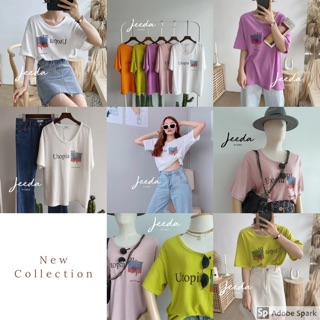 390 ส่งฟรี !!!  เสื้อยืดคอยูผ้าสลาฟ Cotton เกาหลี สกรีน Utopia ทรง oversize หลวมๆ