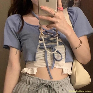จัดส่งไว👍🌞สไตล์เกาหลี เก๋ไก๋ ฮอตสาว สลิมขาสั้น Halter Neck, One Shoulder Short Sleeve Tie Design Top + Small Strap Ins